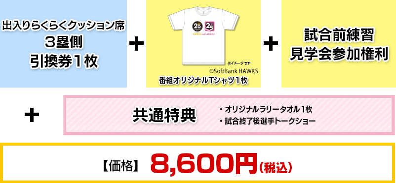 出入りらくらくクッション席3塁側 引換券1枚+番組オリジナルTシャツ1枚+試合前練習見学会参加権利+共通特典（番組オリジナルラリータオル1枚、試合終了後 選手トークショー参加権利）【価格】8,600円(税込)