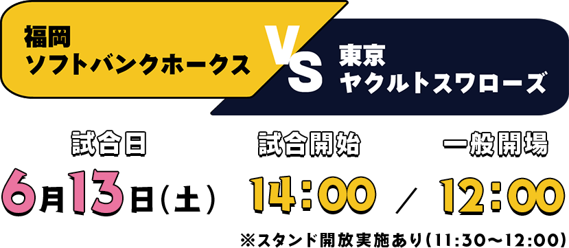 福岡ソフトバンクホークスVS東京ヤクルトスワローズ 試合日6月13日(土) 試合開始14時 一般開場12時 ※スタンド開放実施あり(11時半～12時)