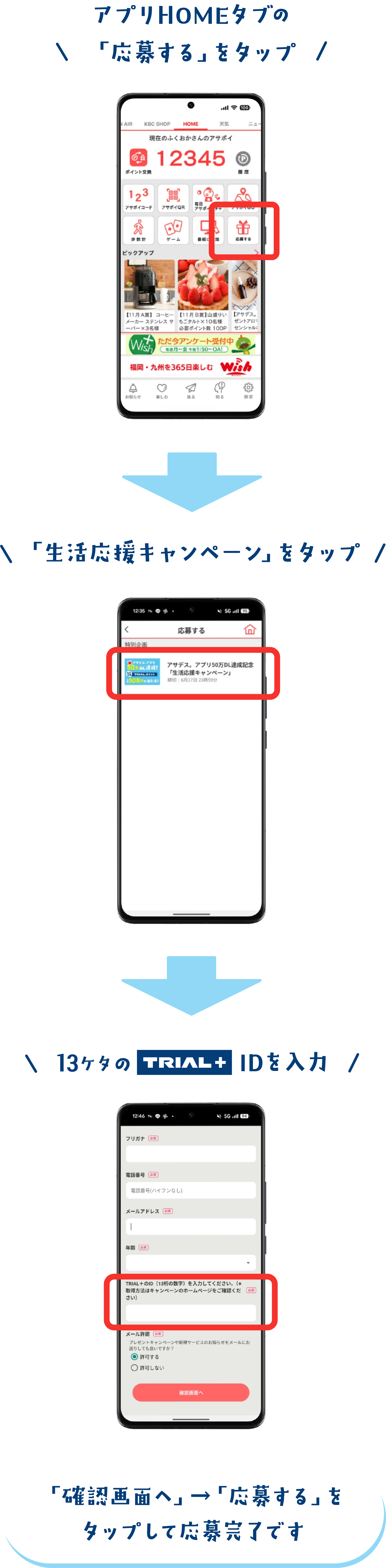 アプリHOMEタブの「応募する」をタップする。「生活応援キャンペーン」をタップ。13桁のTRIAL＋IDを入力。「確認画面へ」→「応募する」をタップして応募完了です。