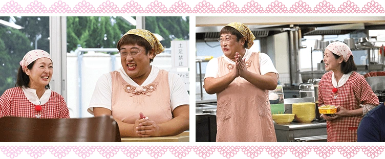 みず江さんと玲子さんの写真3点：買い出し中の2人／学生寮で話している2人／厨房での2人